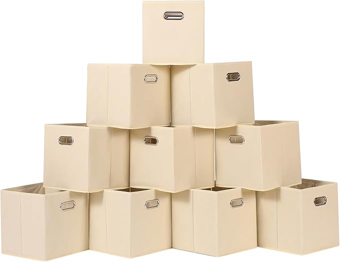 Fabric Cloth Storage Bins,Fabric Cube Organizer with Dual Handles Foldable Cube Storage Baskets for Home Bedroom Storage,Set of 10,(Creamy-White)