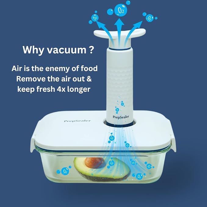 PrepSealer Food-Saving Glass Vacuum Container with manual hand pump. Everyday keep food fresh, Meal Prep, Marinade, Borosilicate Glass (PS-GVC-1L-Wh).