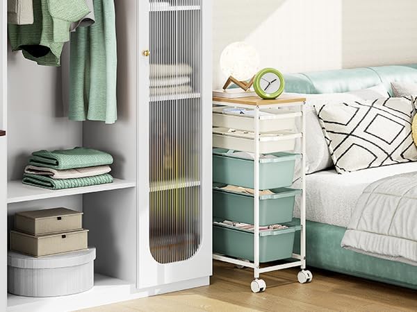 Slim Rolling Storage Cart with 5 Drawers, Craft Organizer, Wooden Tabletop Utility Cart for Bedroom, Children's Room and Office Organization, Table Side Trolley with Lockable Wheels, Green