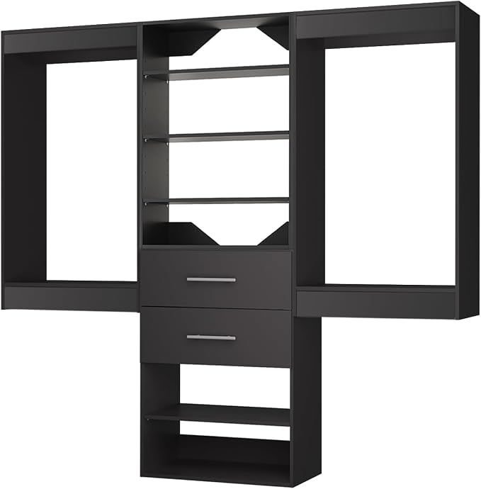 ROOMTEC Modular Closet System, 72" Wall Mounted Closet Organizer with Hanging Rods and Drawers, Wooden Tower for Walk-In Closets, Wardrobe Storage Kit, Black