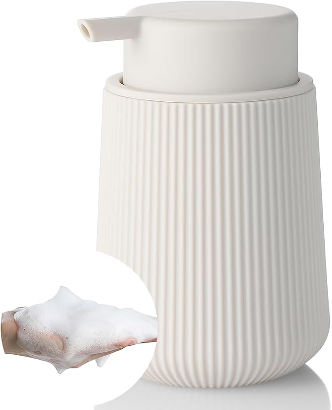 YAUKPH Striped Foaming Hand Soap Dispenser with Leak-Proof Pump for Bathroom and Kitchen Countertop 11oz Beige