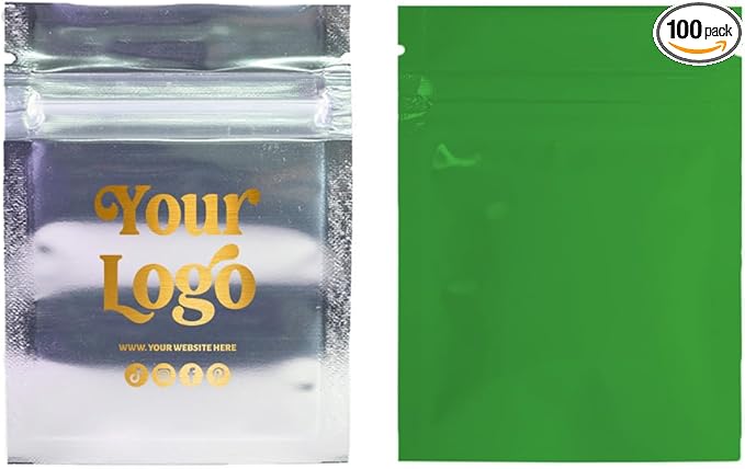100PCS Customized Mylar Zipper Bags,Clear Front Resealable Packaging Pouches For Food Storage,Single Color Printing for Logo/Text/QR Code (Green, 6.5 * 9CM/2.6"*3.5"-100PCS-One Color Print)
