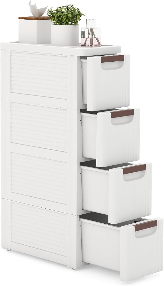 LOKO 4-Drawer Narrow Storage Cabinet, Slim Rolling Cart (7.5"x16.5"x29.5") | Mobile Plastic Cart Container | Pull Handles & Built-in Wheels | For Living Room, Kitchen, Bathroom, Office