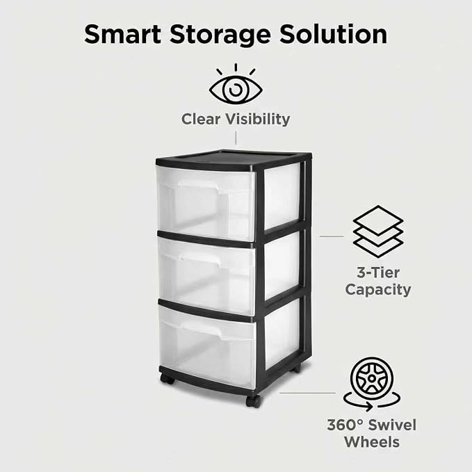 3 Drawer Plastic Storage Cart, Clear Rolling Home Office Organizer Black | Removable wheels switch between rolling mobility & stationary stability for any room.