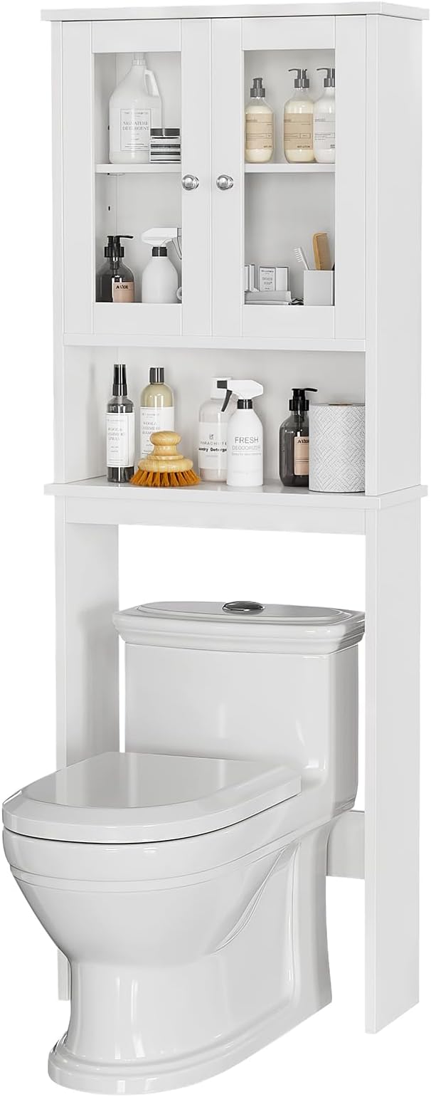 Over The Toilet Storage Cabinet for Bathroom, White Storage Organizer Over Toilet, Space Saver with Tempered Glass Doors, White
