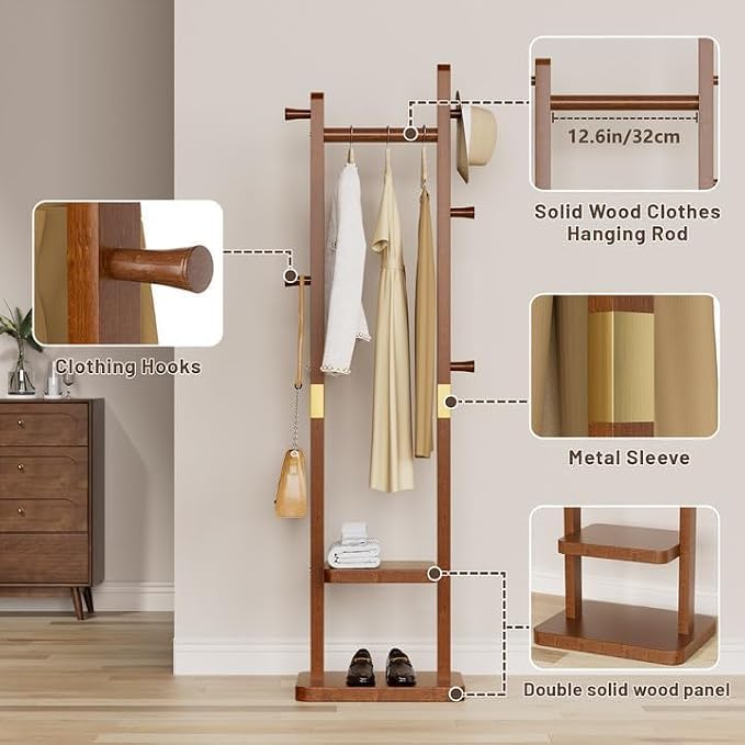 Taitiy Solid Wood Coat Rack, Freestanding Clothing Rack with 2 Shelves Storage & 5 Hooks, Heavy Duty Clothes Rack Stand for Hall, Bedroom, Living Room