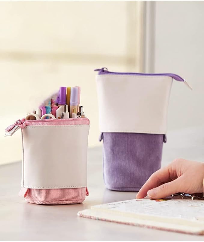Telescopic Pencil Bag Pen Holder Stationery Case, PU Corduroy Stand-up Retractable Transformer Bag Colorful Organizer, Great for Christmas Holiday (Pink)