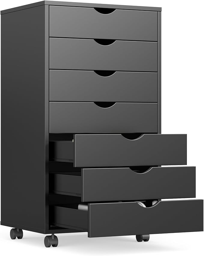 OLIXIS 7 Drawer File Cabinet on Wheels, Printer Stand | Fits Under Desks, Wood Storage Organization Holds Printer, Office Supplies, Not For Hanging Files, For Home Office Use Black