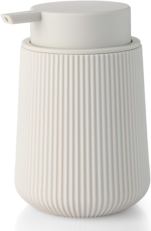 YAUKPH Striped Liquid Hand Soap Dispenser with Leak-Proof Pump for Bathroom and Kitchen Countertop 11oz Beige