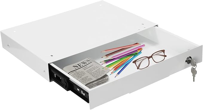 14" Under Desk Mounted Drawer, White Slide Out Pull-out Drawer Attachable Storage Drawers, Lockable Under Drawers for Sit Workstation Office