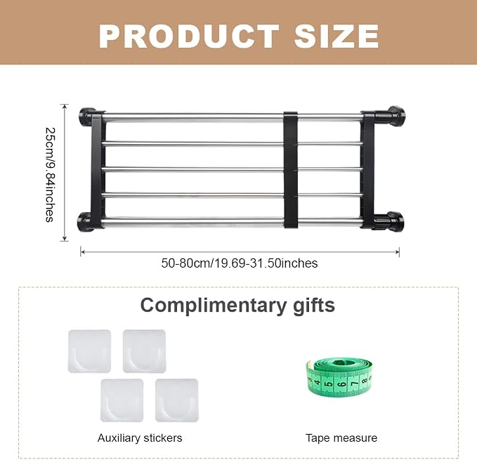 Hershii Expandable Closet Tension Shelf Rod Tension Shelves for Closet | Metal Storage Rack Cabinet Organizer DIY Divider Separator Shelves for Wardrobe Cupboard Kitchen Bathroom, Black 19.69-31.5IN