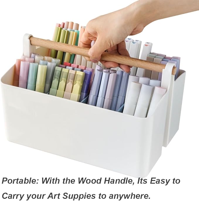 Art Caddy Organizer with Handle, Marker Organizer, Art Supply Storage Organizer with Adjustable Dividers, Portable Storage Bin for Craft Supplies Colored Pencils Makeups Tools Pen Holder for Desk