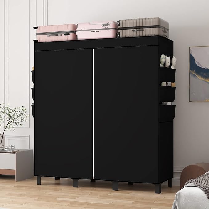 Portable Closet, 51.18" Large Capacity Clothing Storage Organizer with 3 Hanging Rods 6 Shelves 18 Side Pockets, Dustproof Sturdy Wardrobe for Bedroom Dorm Rental Apartment(Black, Large)