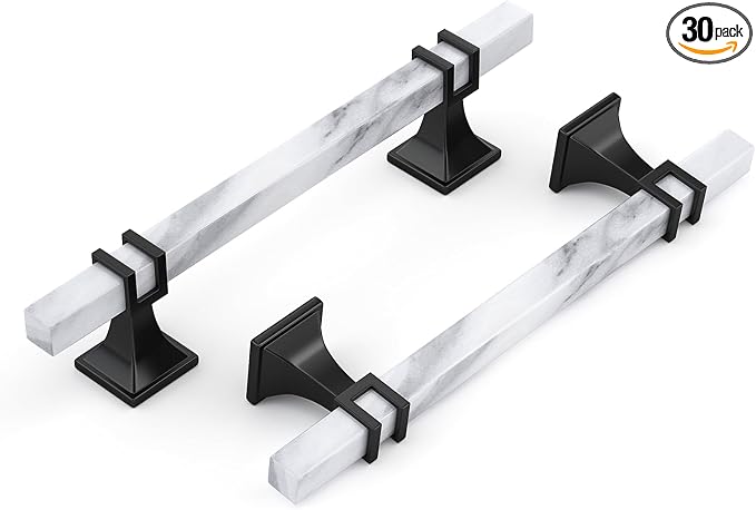 30 Pack 5 Inch White Marble Cabinet Pulls, Black Cabinet Handles Marble Grain and Black Pulls, Kitchen Cabinet Handles Square Dresser Drawer Pulls Kitchen Hardware