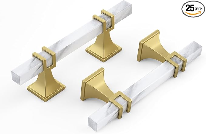 25 Pack 3 Inch White Marble Cabinet Pulls, Gold Cabinet Handles Marble Grain and Gold Pulls, Kitchen Cabinet Handles Square Dresser Drawer Pulls Kitchen Hardware
