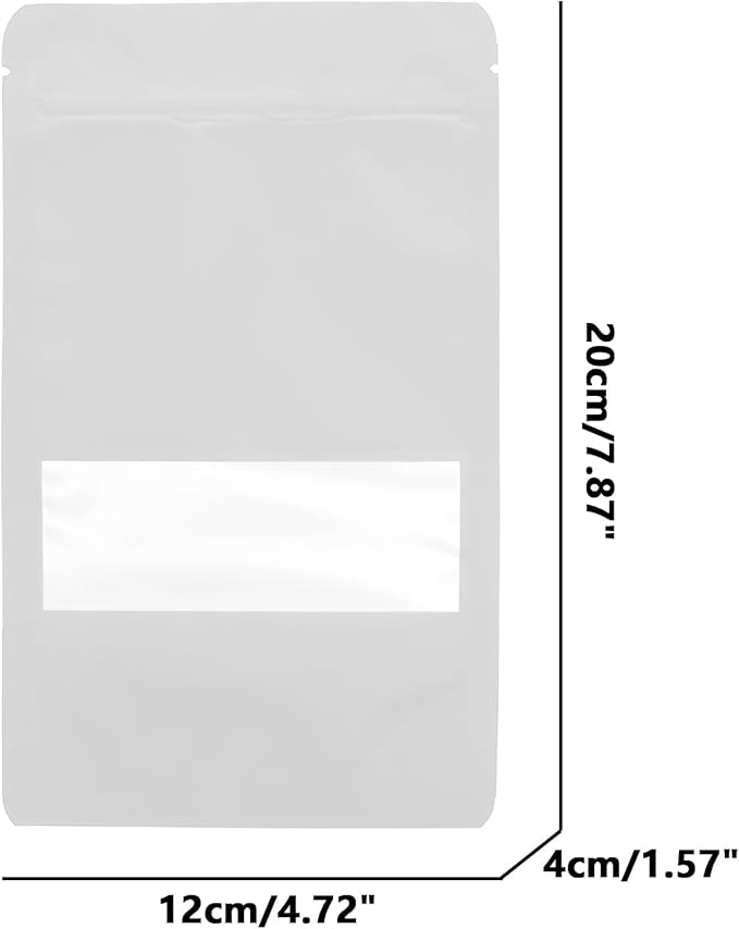 100PCS Foil Pouch Mylar Bags with Clear Window,ULIFESTAR Stand Up Sealable Bags with Tear Notches,Resealable for Food,Party Favors,Gift Packaging and Small Business(12 * 20cm/4.72 * 7.87",White)