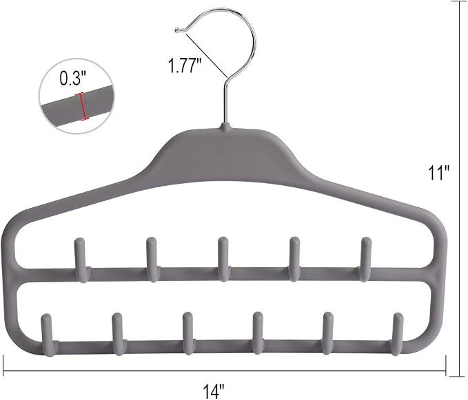 Belt Hanger Rack Holder for Closet, Sturdy Belt Organizer with 360 Degree Swivel, 11 Large Sturdy Belt Hooks, Non Slip Rubberized Belt Storage, Grey