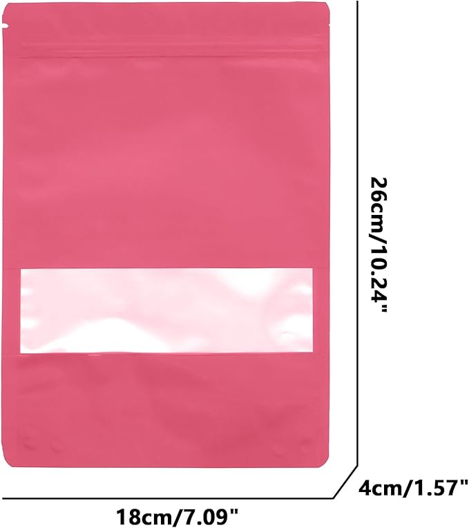 50PCS Foil Pouch Mylar Bags with Clear Window,ULIFESTAR Stand Up Sealable Bags with Tear Notches,Resealable for Food,Party Favors,Gift Packaging and Small Business(18 * 26cm/7.09 * 10.24",Pink)