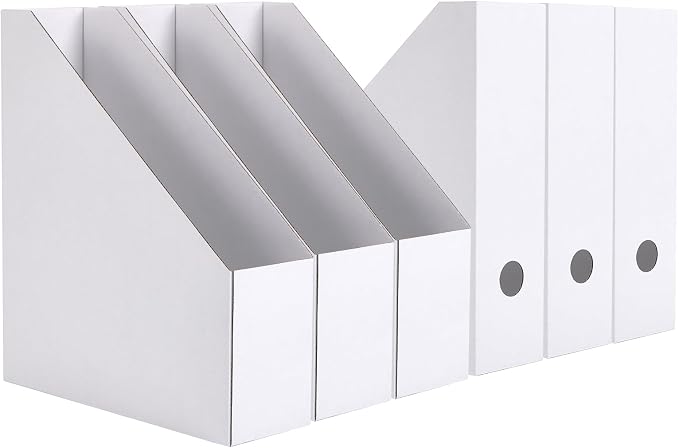 EXYGLO 6 Pack White Magazine File Holder, Cardboard Magazine Rack with Label, Foldable Storage Organizer Box for Book, Documents, 10x3.3x12 Inches