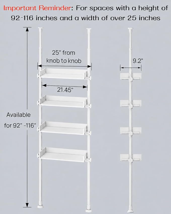 ALLZONE Bathroom Organizer, Over The Toilet Storage, 4-Tier Adjustable Wood Shelves for Small Rooms, Saver Space Rack, Narrow Cabinet, 92 to 116 Inches Tall, White