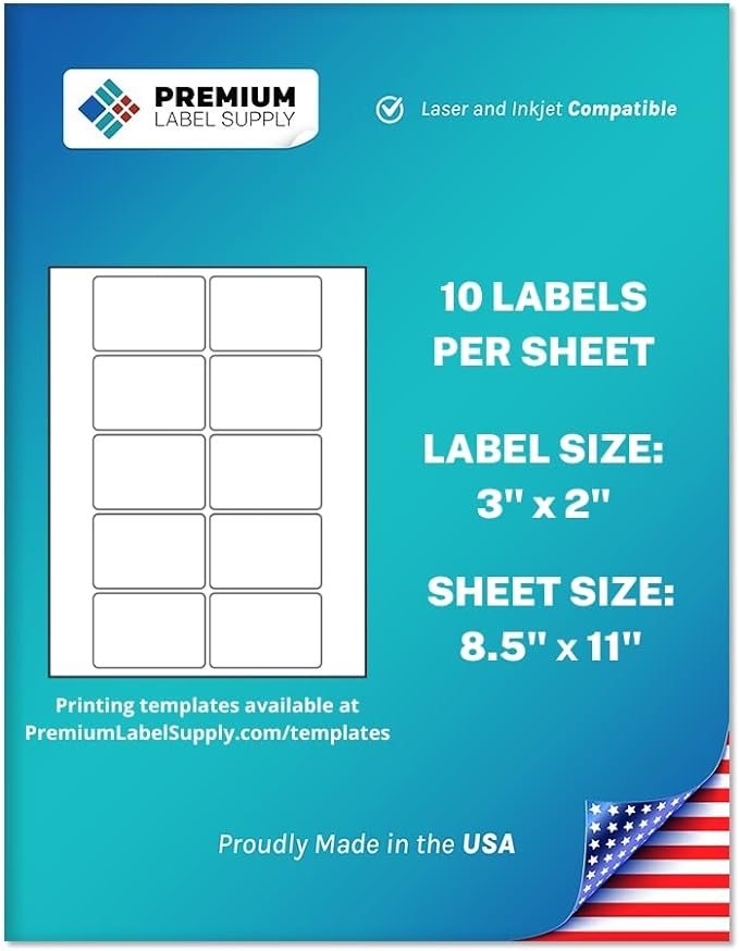 Premium Label Supply White Sticker Product/Shipping Labels – 3" x 2" – Laser/Inkjet Compatible – (10 per Sheet), 100 Sheets – 1,000 Total Adhesive Labels