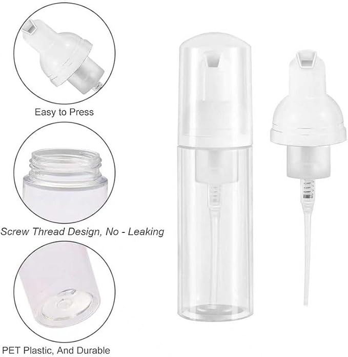3pcs 2oz Small Size Mousse Plastic Travel Foam Pump Bottle - Portable Foaming Empty Bottle Dispenser for Hand Soap, Shampoo, Lash Cleanser - Well Suited for Travelers Daily Use (60ml)