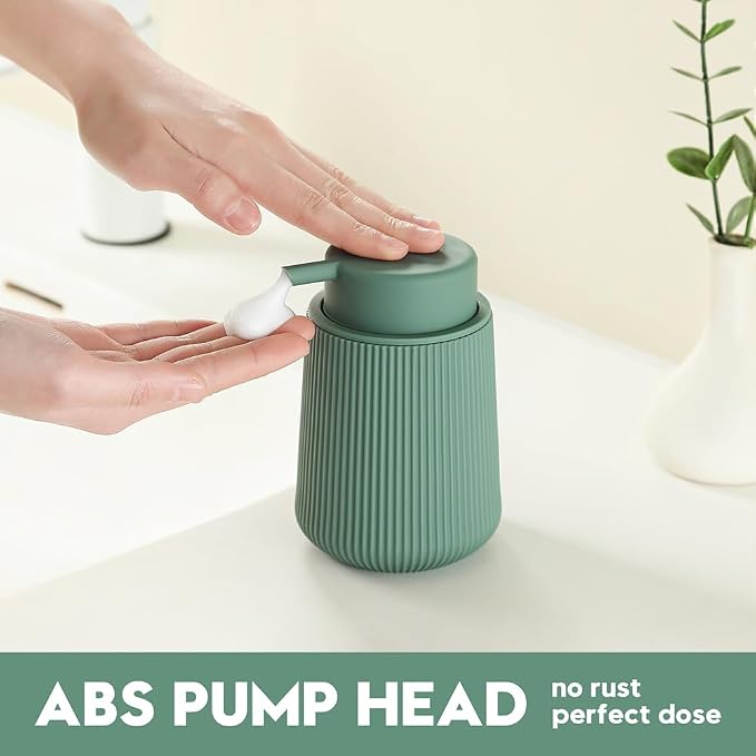 YAUKPH Striped Foaming Hand Soap Dispenser with Leak-Proof Pump for Bathroom and Kitchen Countertop 11oz Sage Green