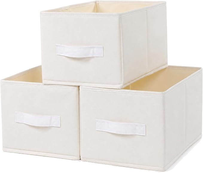 LayerSpace 3 Pack Fabric Storage Bins for Shelves | 16.25x12x10in Closet | Collapsible Bins for Organization | Linen Clothes Storage Bins | White & Ivory