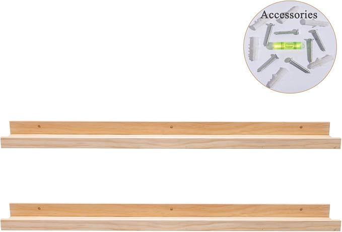 AZSKY Picture Ledge Long Floating Wall Shelf 48 Inch Photo Ledge Display Floating Shelves Wall Mounted Shelves Home Decor Nursery Bookshelf Natural Wood Set of 2