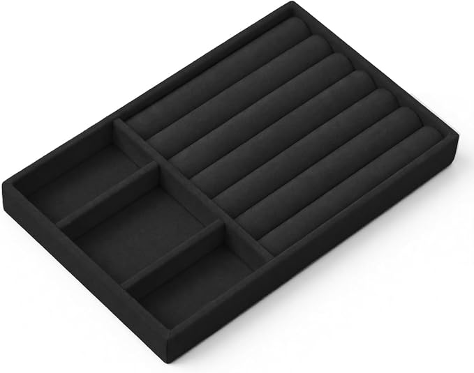 Jewelry Box Insert Organizer for Drawer, Stackable Trays Velvet Jewelry Drawer Inserts, Ring Earring Stud Necklace Holder Display Storage Case(Black, 8.3 x 4.9in)
