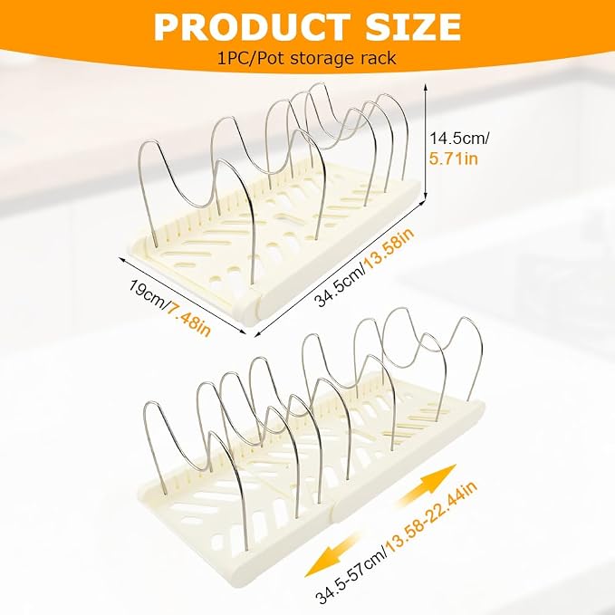 Expandable Pots and Pans Organizer Rack,with 10 Adjustable Compartments for Kitchen Cabinet or Under Sink 13"-23"Adjustable Pot Lid Holder for Cookie Sheets Cutting Boards Cookware(COLOR:White)