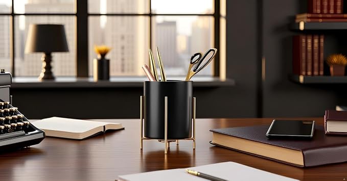 Sturdy Pen Holder Simple and elegant for Desk Matte Pencil Holder Ceramic Cute Desktop Organizer Brush Holder Cup (Black and Gold Plated)