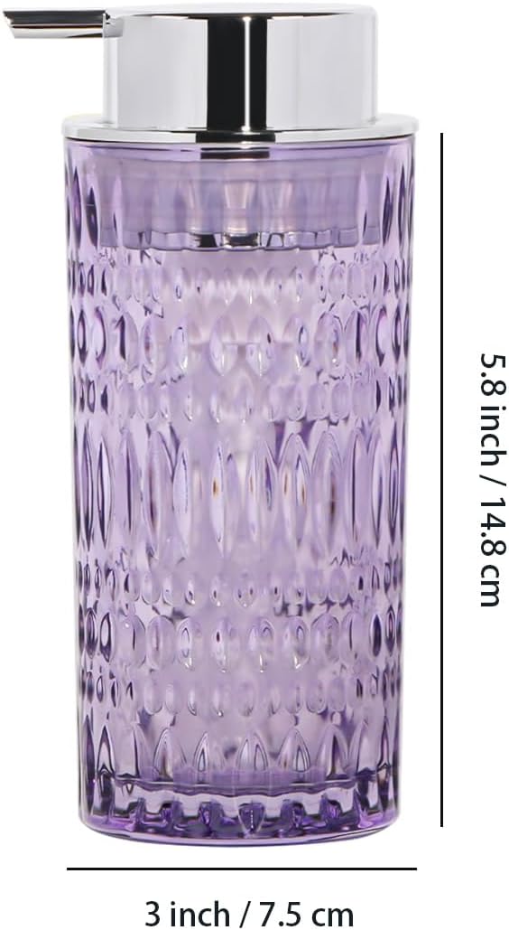 Foam Soap Dispenser, Glass Foaming Hand Soap Dispenser with Pump, 14 Oz Bathroom Refillable Liquid Lotion Pump Bottle Container for Kitchen Countertop Decor (1, Purple Silver)