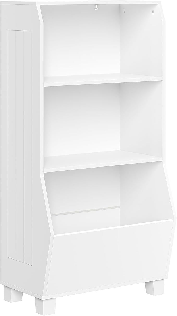 RiverRidge Kids Bookshelf with Veggie Storage Bin and 2 Open Shelves - Kids Storage Organizer, Toy Shelf & Book Shelf with Deep Veggie Bin and Top Toy Display Area