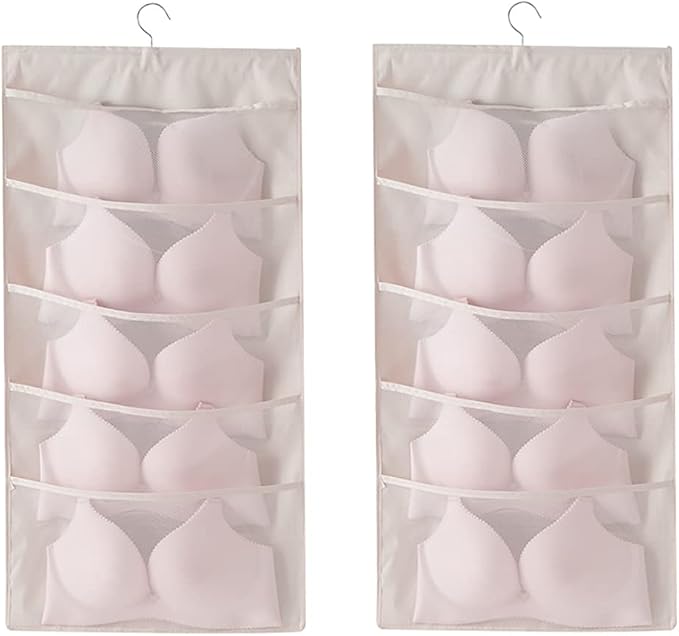 Bseash Enlarged Closet Hanging Bra Organizer with Rotating Metal Hanger, Dual Sided Wall Shelf Wardrobe Mesh Pockets Hanging Storage Bag for Bra Socks Underwear Underpants