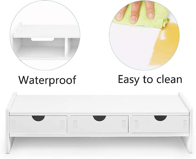 valen Monitor Stand Riser, Computer Laptop Riser Shelf with 3 Organizer Drawers (White, 19.5" L x 7.5" W x 4.7" H) (White)