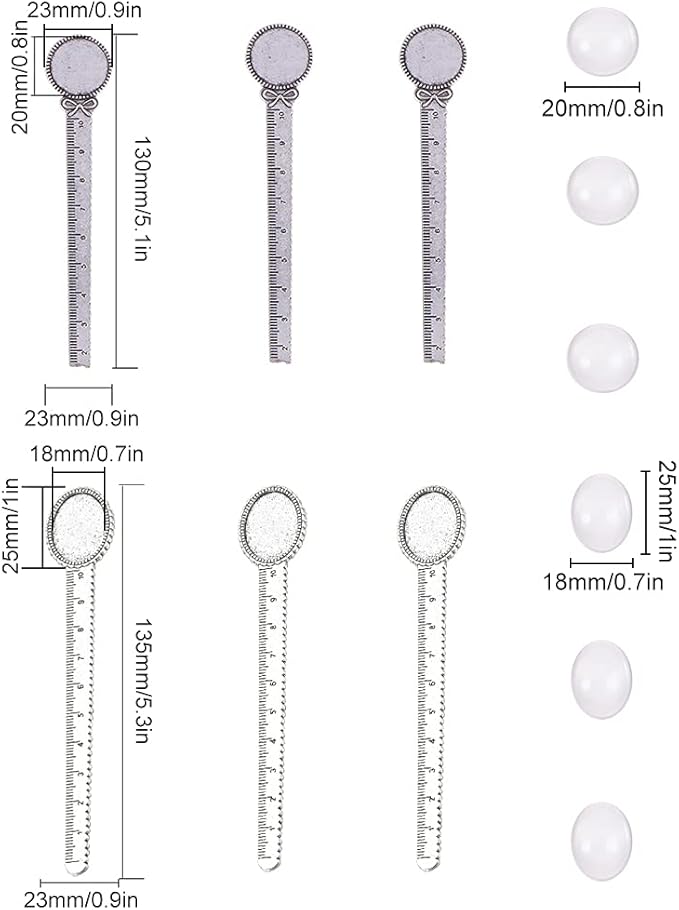 SUNNYCLUE 12PCS 2 Styles Ruler Pendant Tray Kit with 6Pcs Round Bookmark Cabochon Setting Blanks and 6Pcs Clear Domed Glass Cabochon for DIY Alloy Bookmark Making, Antique Silver