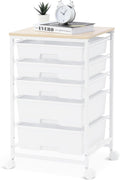 SYKIARIOL Utility Cart with 5 Drawers,Storage Drawer Cart with Wooden Tabletop and Lockable Wheels,Craft Storage Trolley Cart,5-Tier Rolling Utility Cart on Wheels,Bright White
