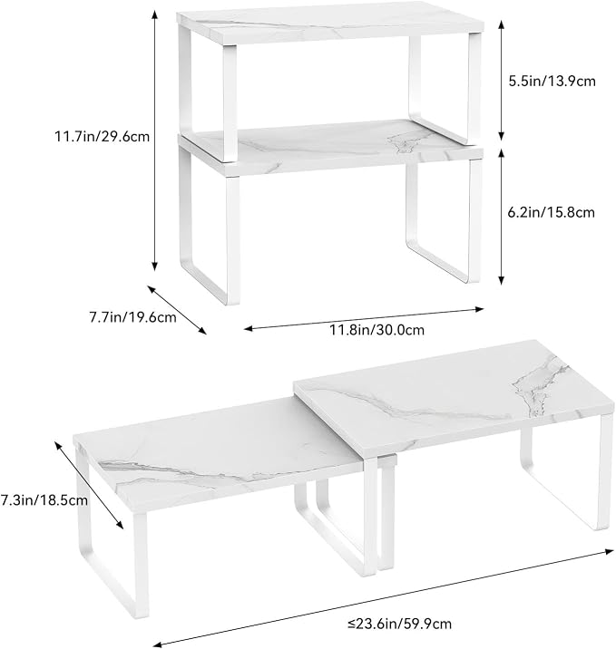 CADUKE Counter Shelf Set of 4 Kitchen Cabinet Shelf Organizer Stackable Expandable Countertop Shelf Organizer Spice Rack for Bathroom Pantry Racks,Metal and Engineered Wood, Marble White