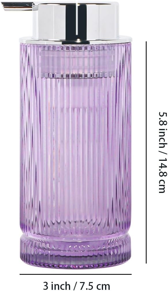 Foaming Soap Dispenser, Purple Glass Foam Soap Dispenser with Silver Pump, 14 Oz Bathroom Refillable Liquid Lotion Pump Ribbed Bottle Container for Kitchen Countertop Decor