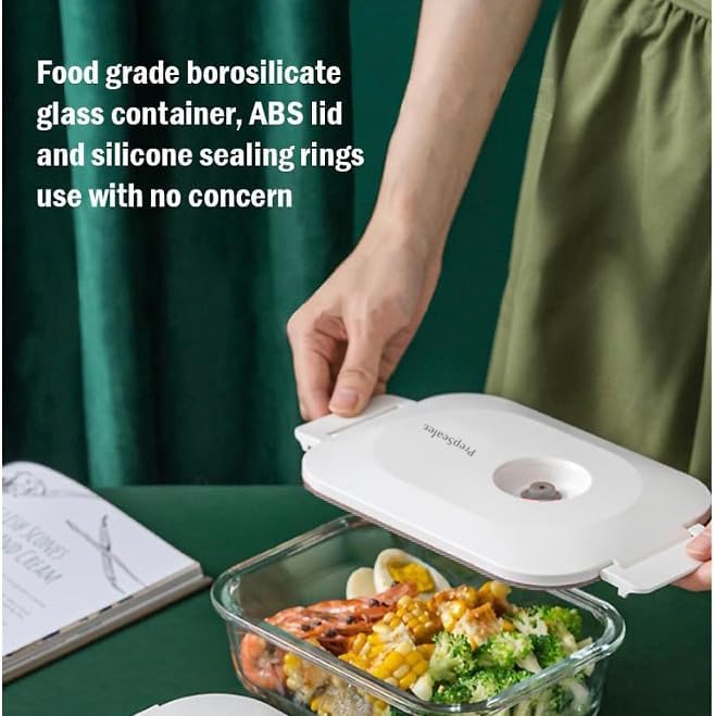 PrepSealer Food-Saving Glass Vacuum Container with manual hand pump. Everyday keep food fresh, Meal Prep, Marinade, Borosilicate Glass (PS-GVC-1L-Wh).