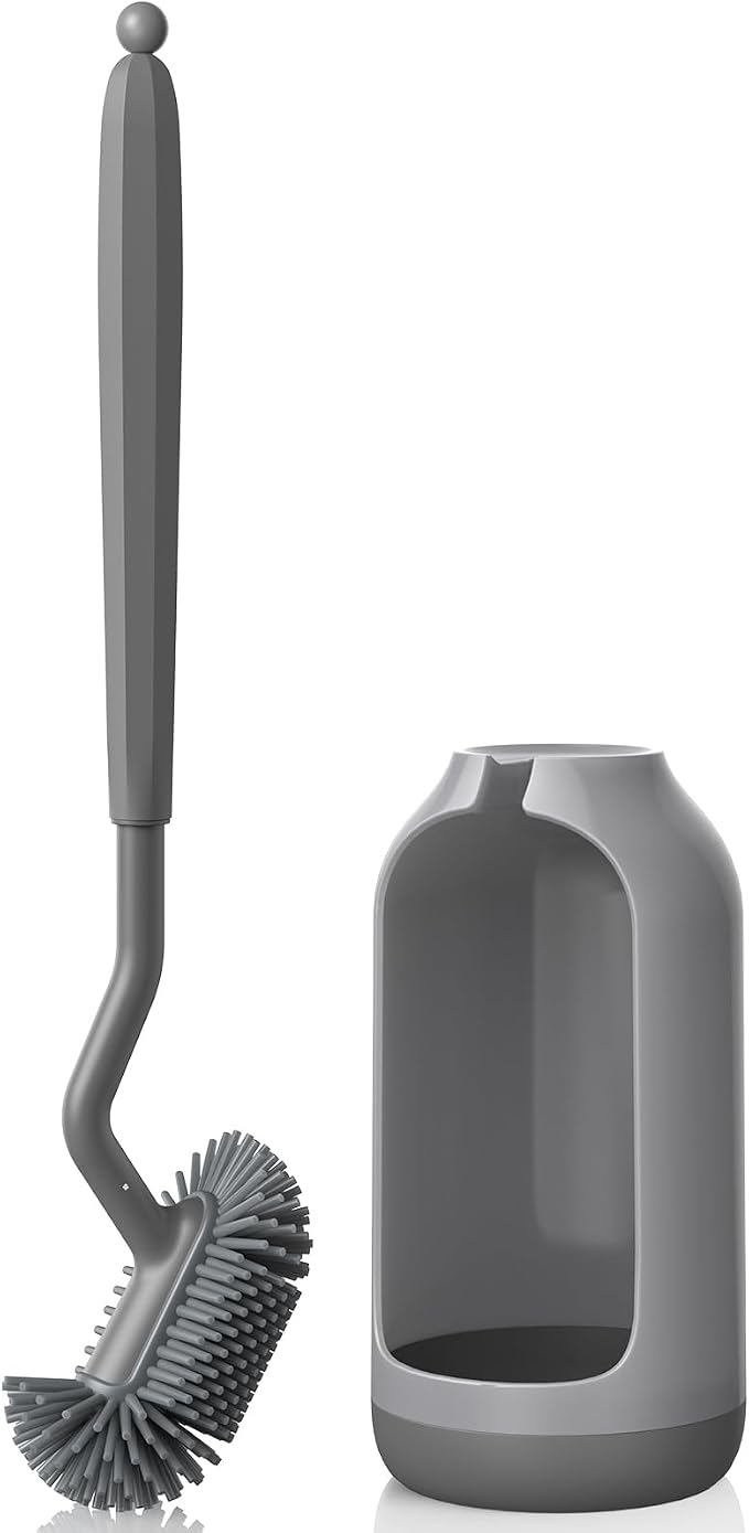 HAMITOR Toilet Bowl Brush Holder Set: Deep Cleaning Silicone Toilet Cleaner Scrubber Under Rim with Curved Bristle for Bathroom Dead Corner Clean - Modern Rv Toilet Decorative Accessories - Gray