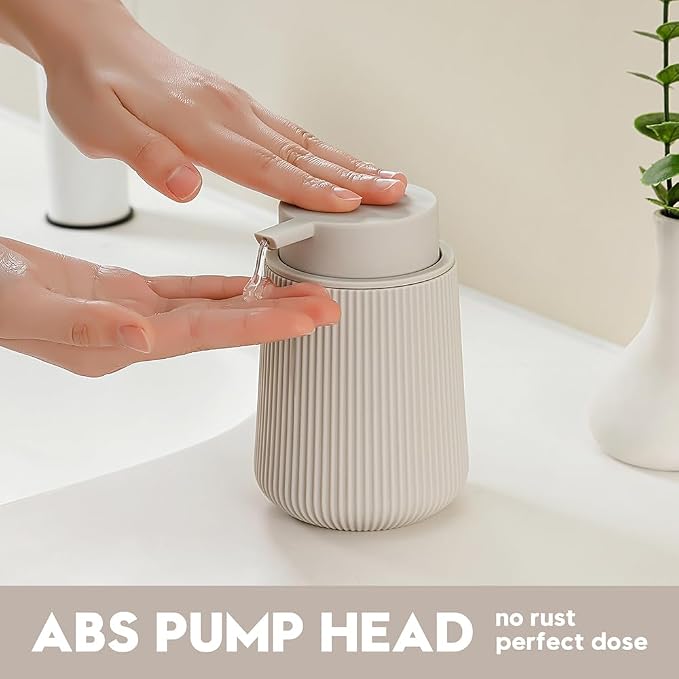 YAUKPH Striped Liquid Hand Soap Dispenser with Leak-Proof Pump for Bathroom and Kitchen Countertop 11oz Beige
