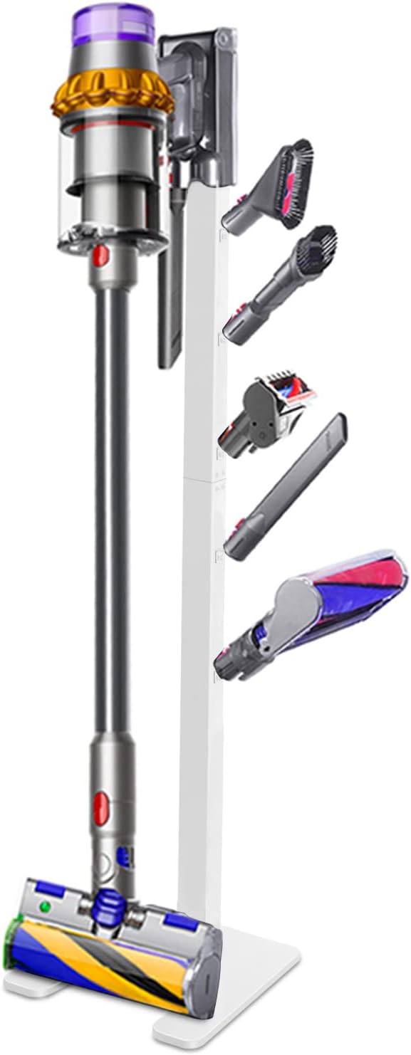 XIGOO Dyson Vacuum Stand with 5 Hooks, White | Compatible with V15 Detect V11 V10 V8 V7 V6 Cordless Vacuum Cleaners & Accessories, Stable Metal Bracket Organizer Rack