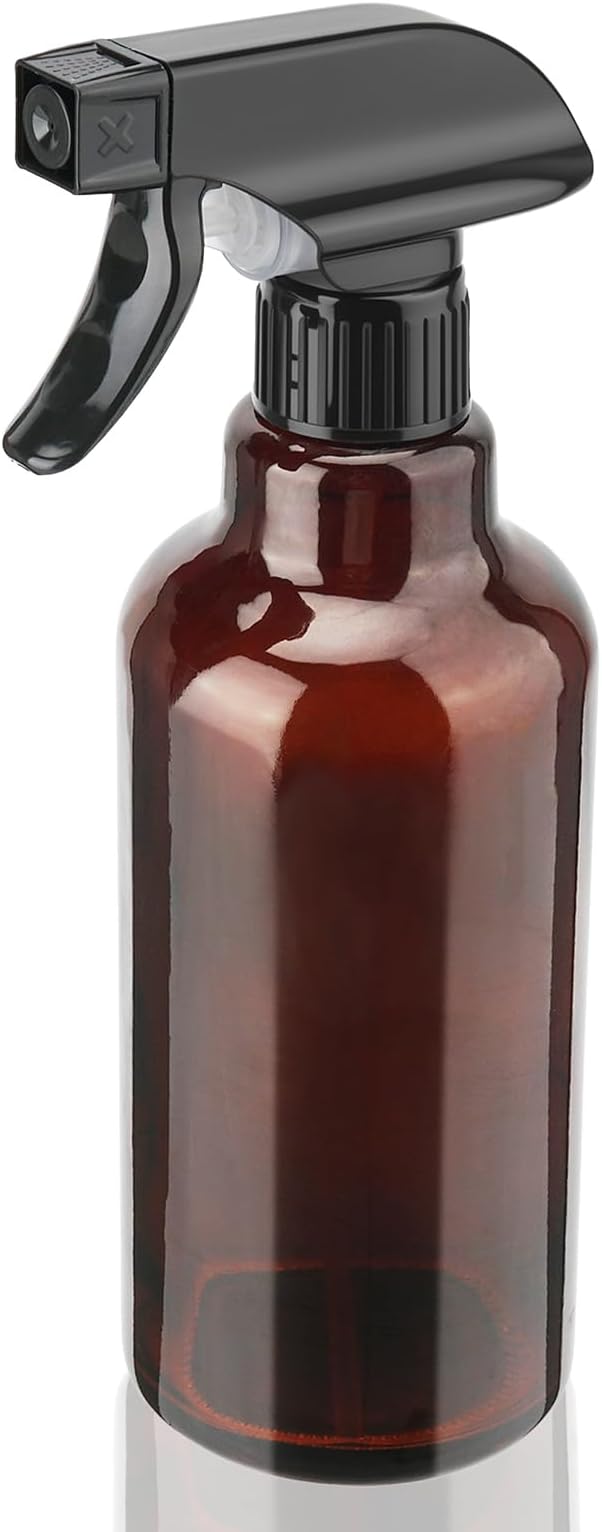 16oz Glass Spray Bottle 1 Pack, Adjustable Mist Stream, Brown | Refillable glass spray containers for hair care, plant maintenance, cleaning & essential oils