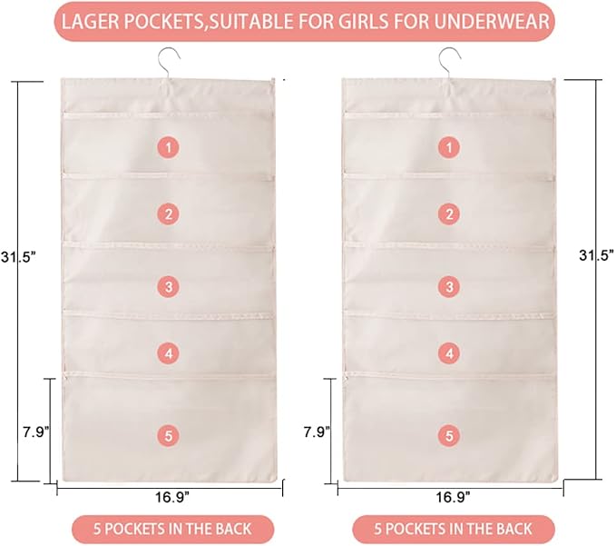 Bseash Enlarged Closet Hanging Bra Organizer with Rotating Metal Hanger, Dual Sided Wall Shelf Wardrobe Mesh Pockets Hanging Storage Bag for Bra Socks Underwear Underpants