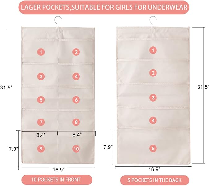 Bseash Enlarged Closet Hanging Bra Organizer with Rotating Metal Hanger, Dual Sided Wall Shelf Wardrobe Mesh Pockets Hanging Storage Bag for Bra Socks Underwear Underpants