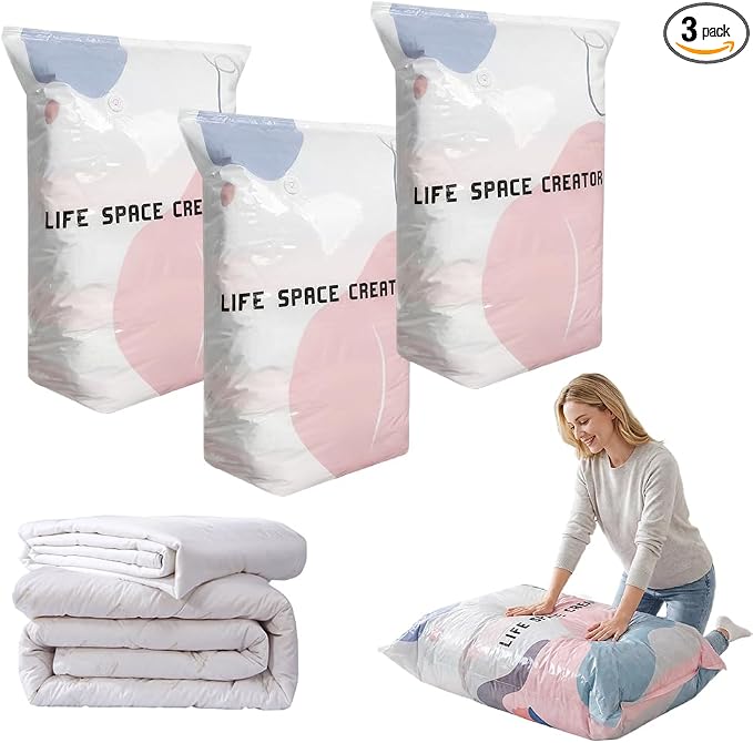 No-Pump Vacuum Storage Bags, Cube Compression Space Saver Bags, Upgrade Large Storage Compression Bags for Clothes, Comforters, Blankets (3, Large)