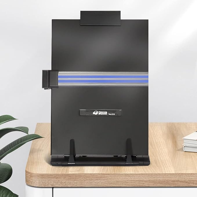 Desktop Document Holder Stand with 7 Adjustable Positions, Black Metal File Organizer Management Copyholder for Typing Speech Reading A4 Letter Music Book Tablet Office, with Paper Clip and Line Guide