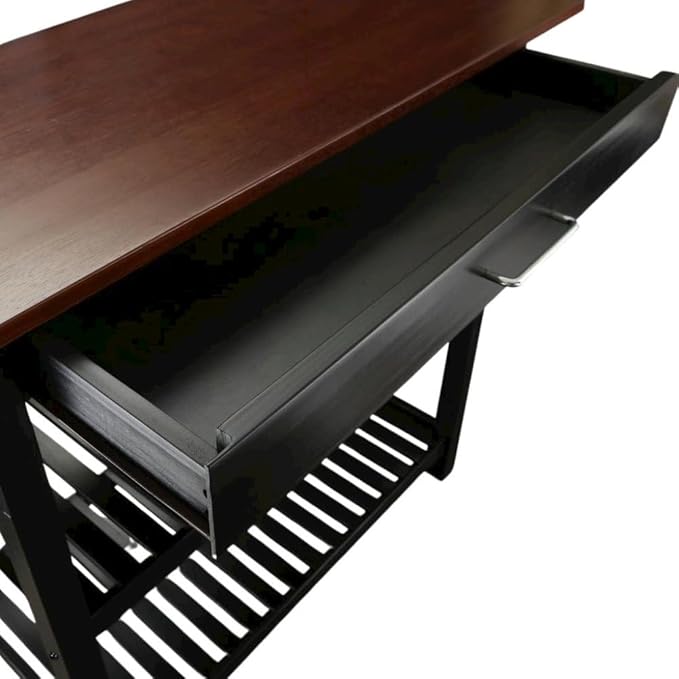 Furnifact Solid Wood Kitchen Island with Drawer, 2 Open Shelves, Black Base and Walnut Top, Island Table for Kitchen Storage and Food Prep
